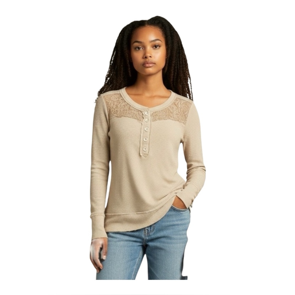 Free People We The Free Lace Trim Waffle Knit Thermal Henley Top Woman’s Small